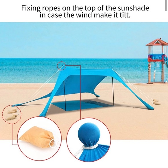 Beach Tent Sun Shelter UPF50+ Stability Poles Outdoor Shade Sky Blue 7.5x7.5FT - Picture 2 of 7